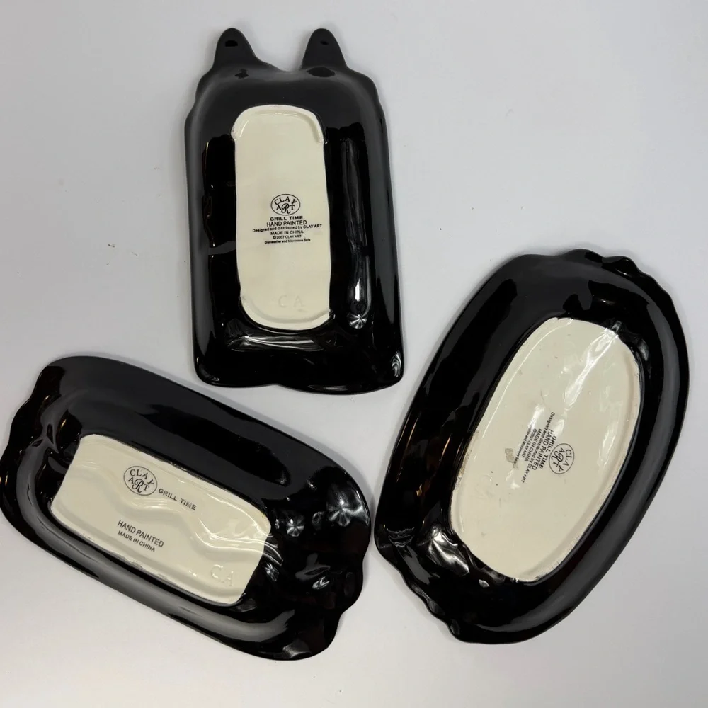 2007 Clay Art Grill Time Ceramic Hand Painted Colorful Hot Dog Condiment Plates